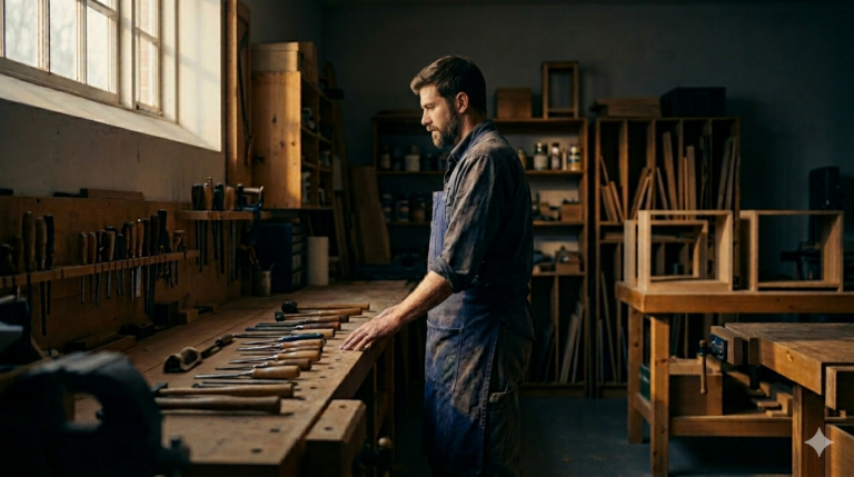 A craftsperson stands in profile in a quiet late-afternoon workshop, observing a row of tools on a long workbench, in the moment of deciding what to do next.
