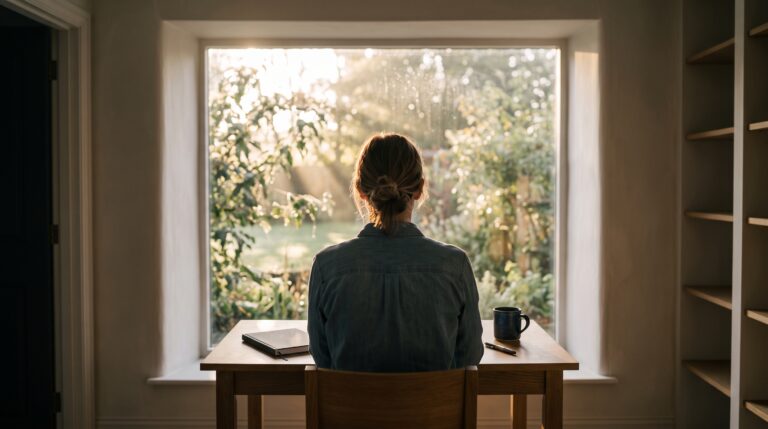 A quiet desk with a single open notebook, representing one clear next action instead of a full task list.