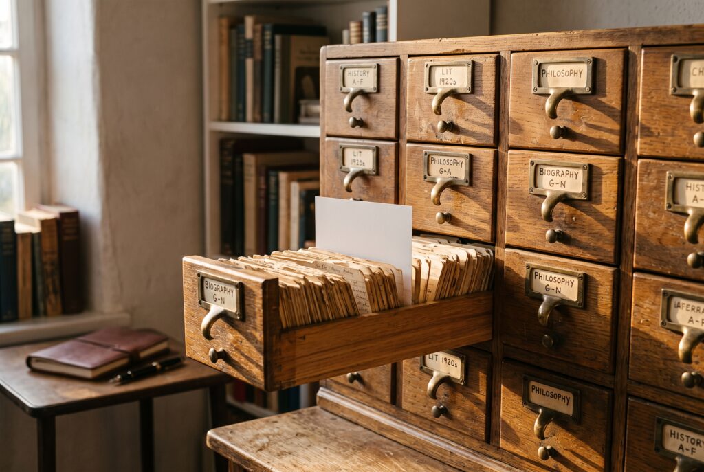 A weathered wooden card catalog with one crisp new index card added, representing an AI CRM layer that enriches existing HubSpot records rather than replacing them